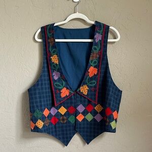 Homemade‎ button front vest, fall themed, pumpkin, apple red yellow blue orange